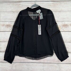 Chloe Oliver Anthropologie Beaded Semi Sheer Blouse Women's Size Small Black NEW